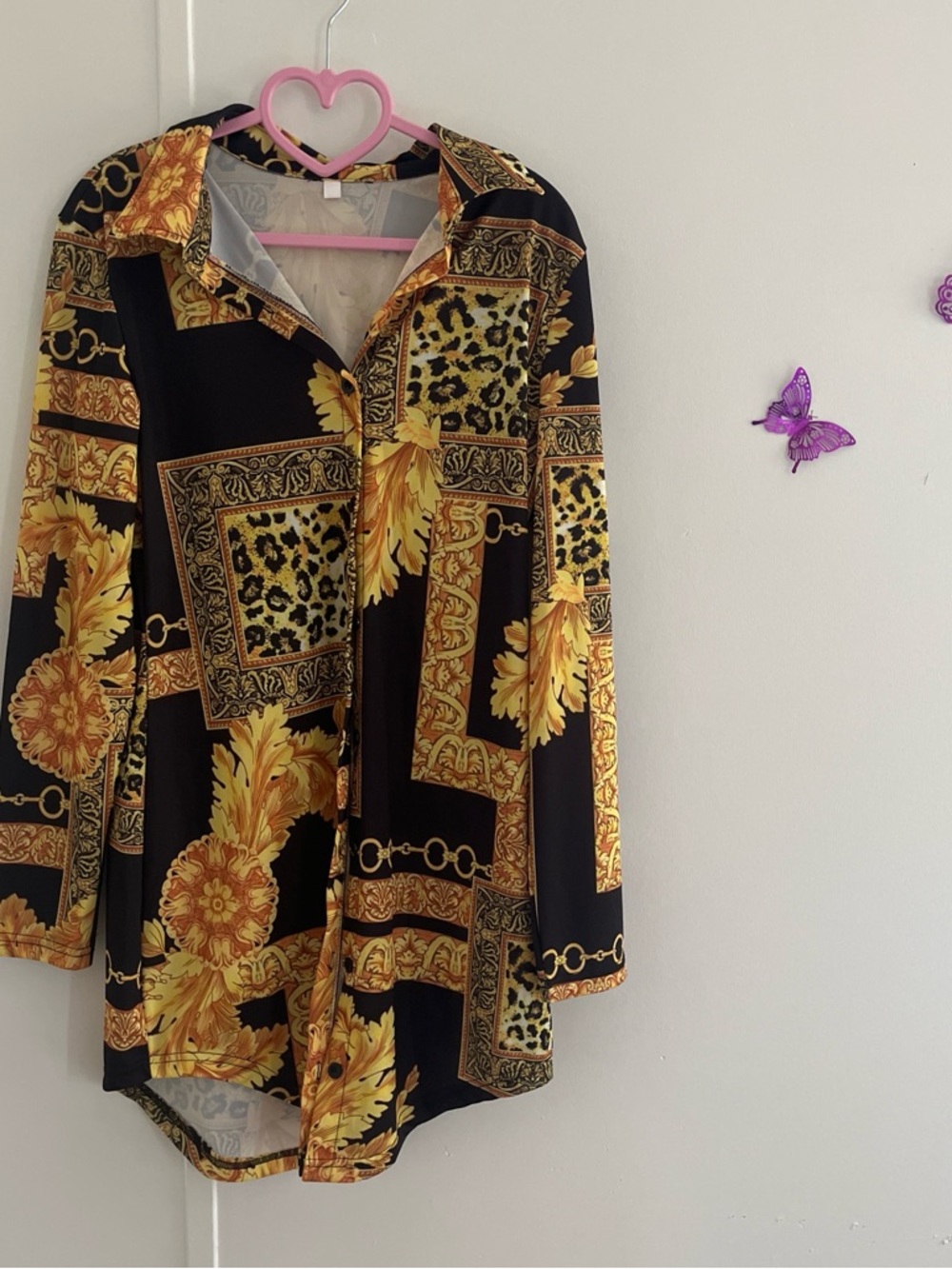 Baroque Print Button-Up Shirt in Black and Gold